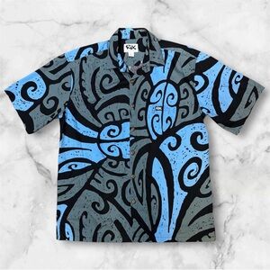 Rix Hawaiian Shirt Mens L Tribal Print Swirling Water Blue Grey Black Cotton